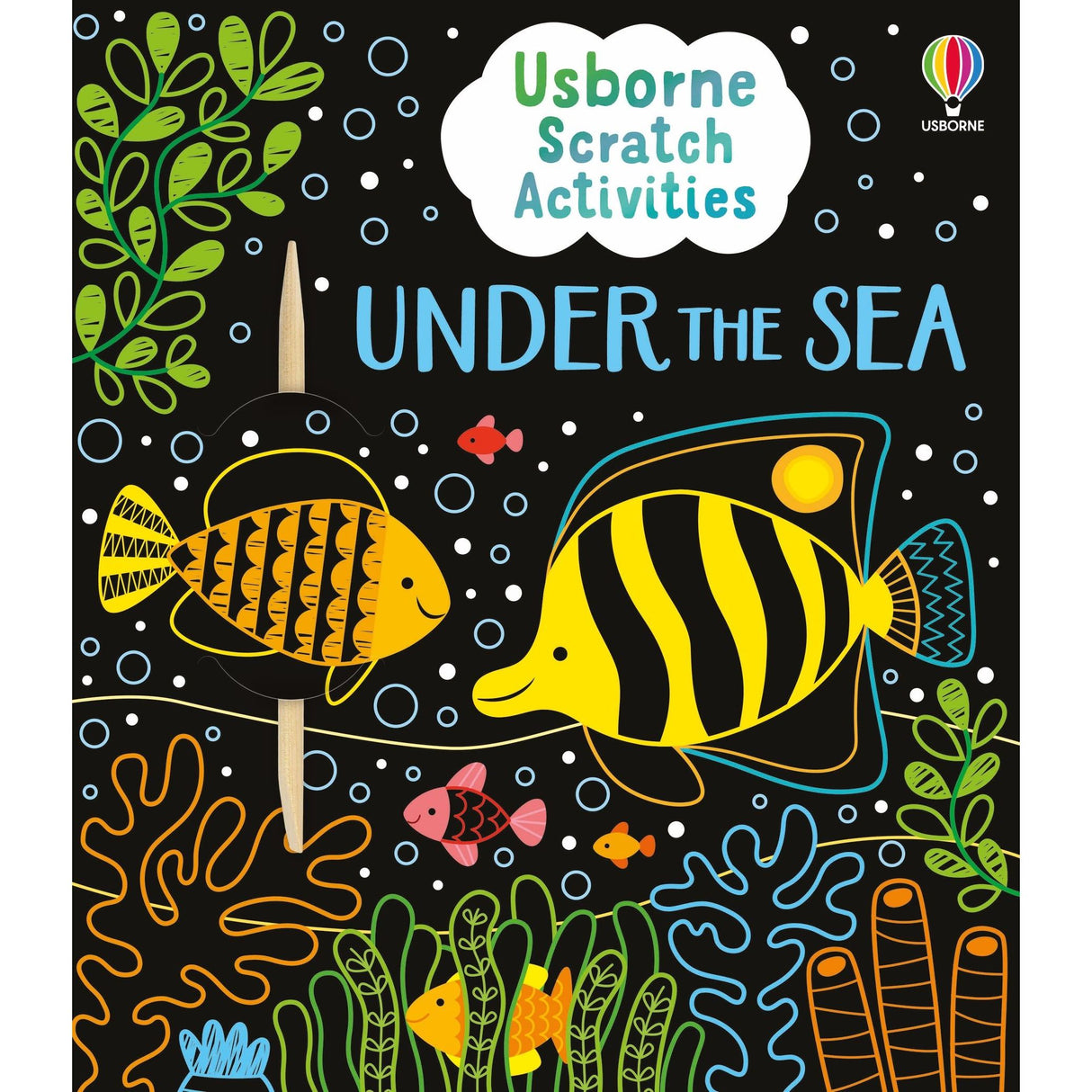 The "Under the Sea" book by Usborne has a colorful cover showcasing two bright sea creatures—one orange with black stripes and the other yellow with black stripes—amidst seaweed and bubbles on a black background.