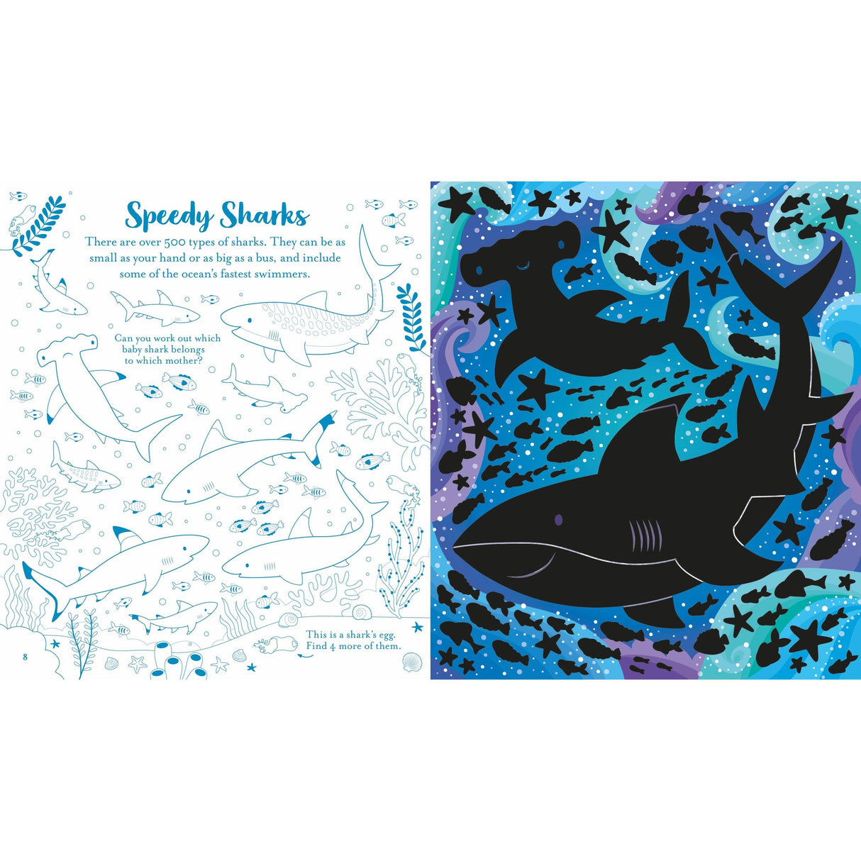 The "Under the Sea" by Usborne provides an illustrated page with shark silhouettes. The left side includes a sea creatures' outline matching game and shark text, while the right features ocean-themed coloring with colorful sharks like a hammerhead among waves and aquatic elements.