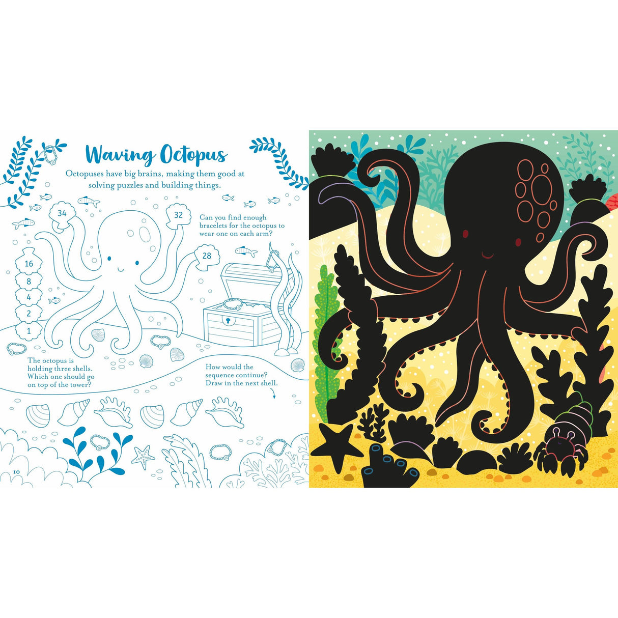 The "Under the Sea" activity book by Usborne includes a connect-the-dots octopus and sea-themed puzzles in blue outlines on the left, while a vibrant black octopus amid coral and starfish adorns the right, ideal for ocean-themed coloring or scratch activities.