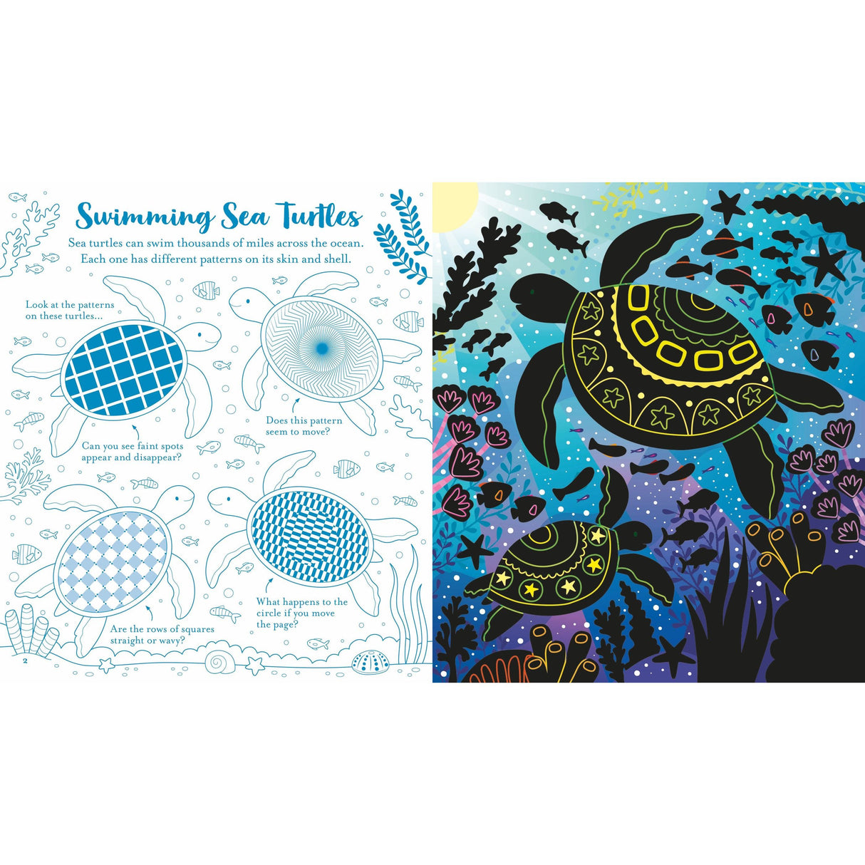Illustrated image of sea turtles. Left: line drawings with patterns and optical illusion questions, resembling a scratch activity book style. Right: vibrant underwater scene with three decorated sea creatures swimming among fish and coral under the sunlit surface. Product Name: Under the Sea by Usborne.