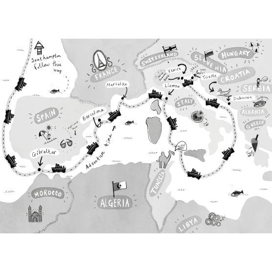 An illustrated map inspired by Usborne’s "Cruise Ship Kid: Thief At Sea!" charts a train route from Southampton to Istanbul via France, Spain, Italy, and the Balkans, complete with trains, ships, landmarks, flags—and the cruise ship detective Emma Swan.