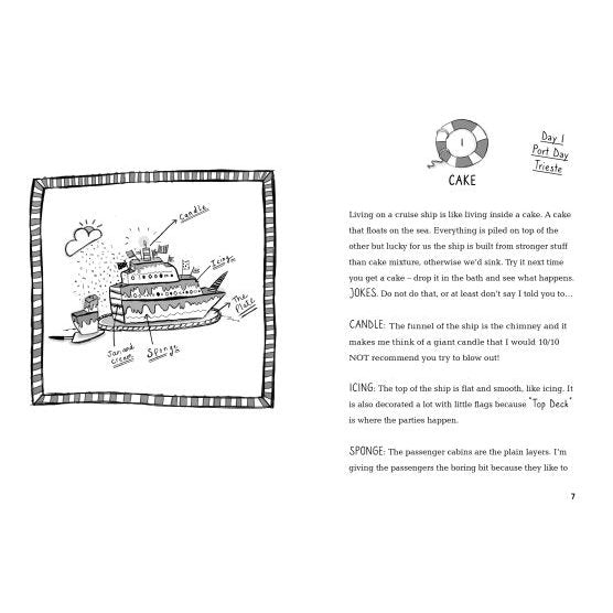 A black-and-white illustrated page from Usborne's "Cruise Ship Kid: Thief At Sea!" shows a cruise ship drawn like a cake, with labeled parts. Text compares parts of the ship to cake, candle, icing, and sponge. Emma Swan is the cruise ship detective.
