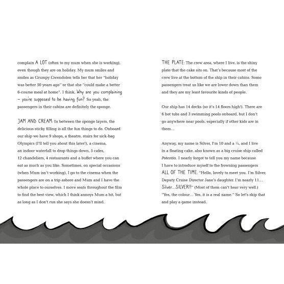 A spread from "Cruise Ship Kid: Thief At Sea!" by Usborne shows black text on white with a wavy black-and-white illustration below. The pages share cruise routines and adventures with young detective Emma Swan.