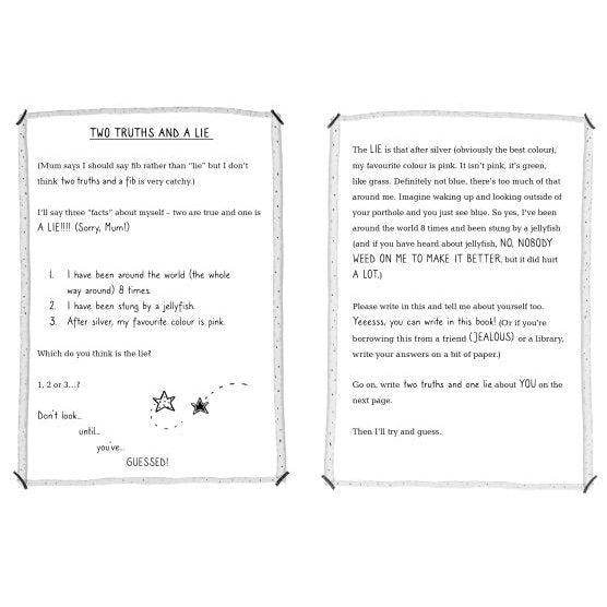 A black-and-white "Two Truths and a Lie" worksheet by Usborne features hand-drawn frames, instructions, and numbered statements. It gives an example about Emma Swan from Cruise Ship Kid: Thief At Sea! with space to write personal answers.