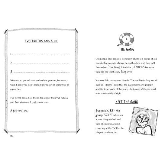 An open “Cruise Ship Kid: Thief At Sea!” book by Usborne features a Two Truths and a Lie activity on the left and, on the right, an introduction to “The Gang” with elderly friends and a hand-drawn portrait of a bespectacled person.