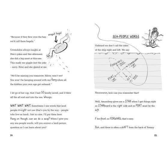 Two pages from "Cruise Ship Kid: Thief At Sea!" by Usborne show black-and-white art—left: a girl, a bird labeled "seagull bagel!"; right: nautical chart, Emma Swan as ship detective, plus text on "sea-people words.