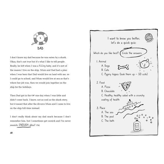 Two pages from "Cruise Ship Kid: Thief At Sea!" by Usborne. Left: memories of the narrator's dad. Right: a hand-drawn quiz on favorite animals, foods, places—plus doodles of a sun, pizza, and bath as clues for a cruise ship detective.