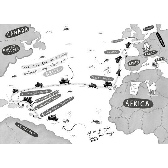 In Usborne’s "Cruise Ship Kid: Kidnap at Sea!", an illustrated map shows Emma Swan’s detective adventure from the U.S. to Europe and Africa, with ships, whales, sea creatures, fun travel stops, and talk of crisps along the way.