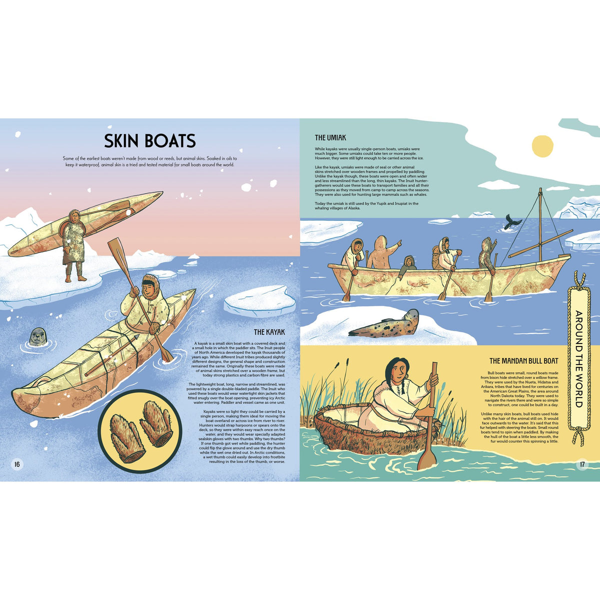 Two pages from the book On Board illustrate the maritime history of traditional water transport, including kayaks, umiaks, and bull boats, with descriptive text about their construction and origins.