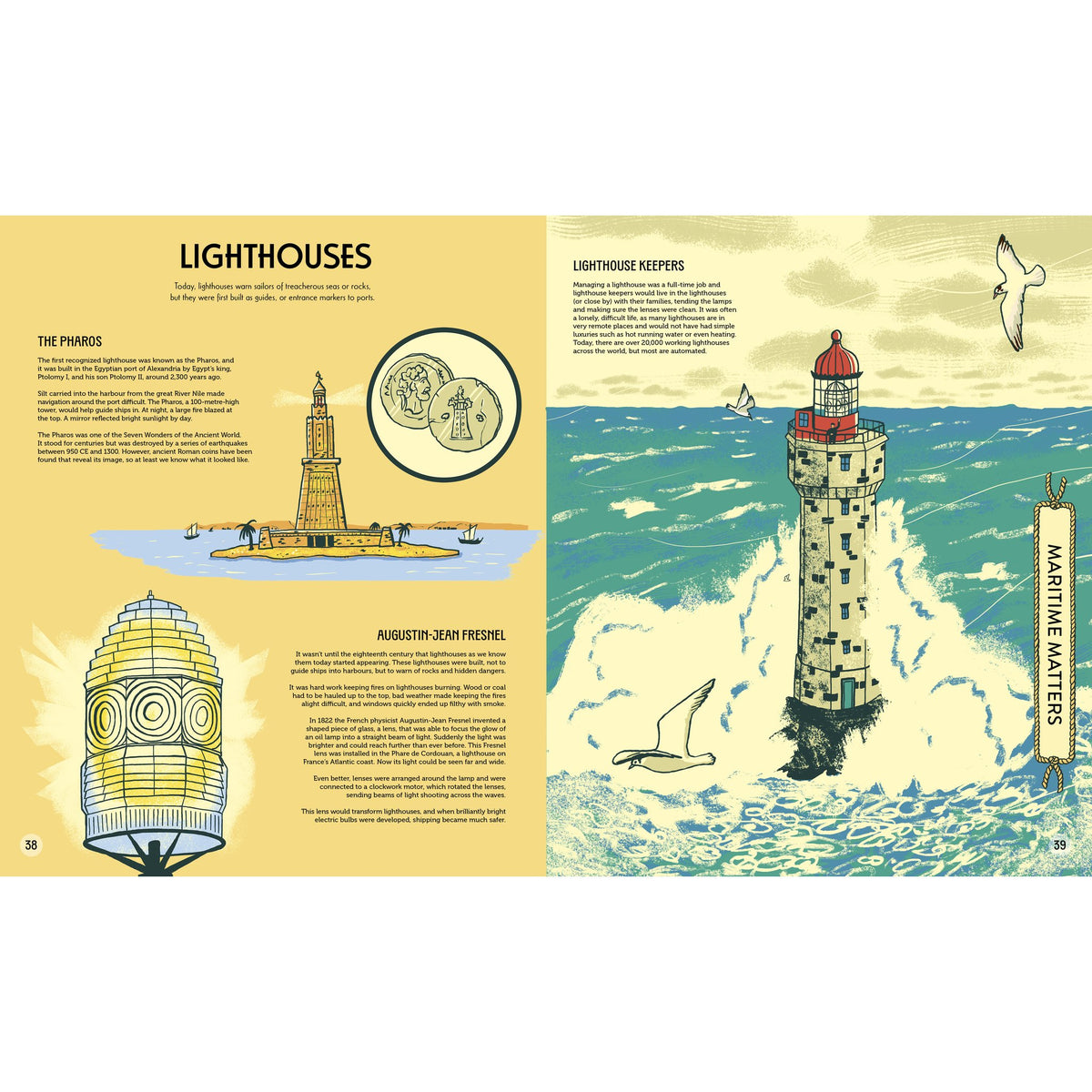 An open book from On Board featuring illustrations of the Pharos lighthouse, a Fresnel lens diagram, and a coastal lighthouse with waves, alongside text sections about lighthouse keepers and water transport.