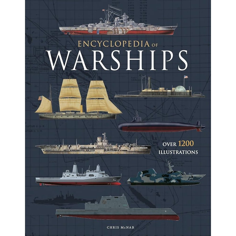 Cover of Encyclopedia of Warships by Chris McNab, featuring famous and modern naval vessels against a grid background with text noting over 1200 illustrations.