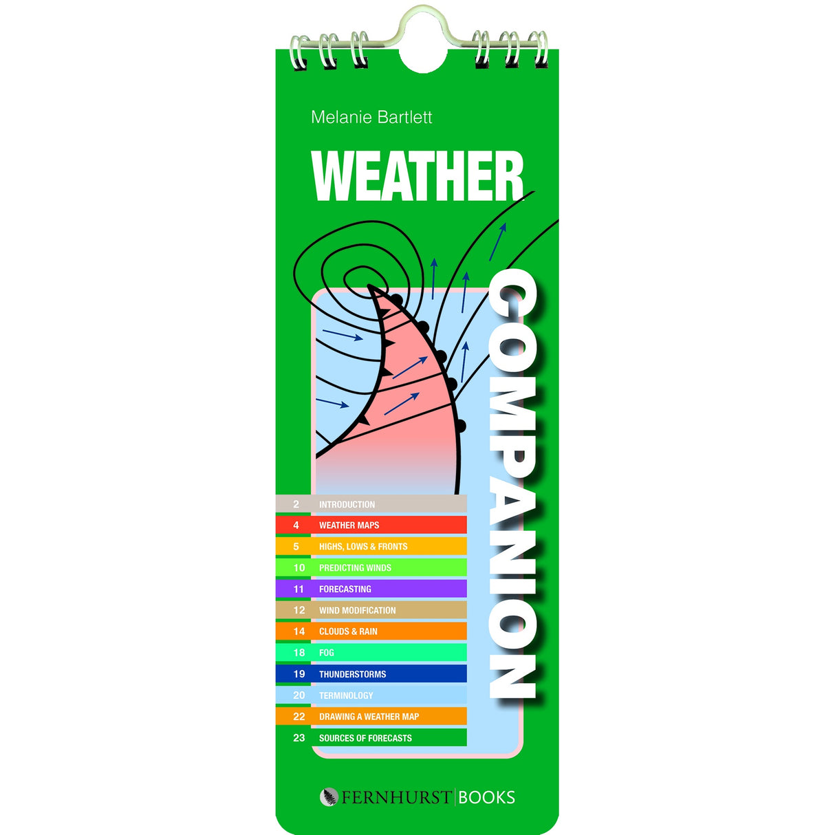 The "Weather Companion" by Fernhurst Books is a green, spiral-bound splash-proof booklet featuring a cyclone cone illustration and colorful contents list on the cover—an ideal onboard weather guide.