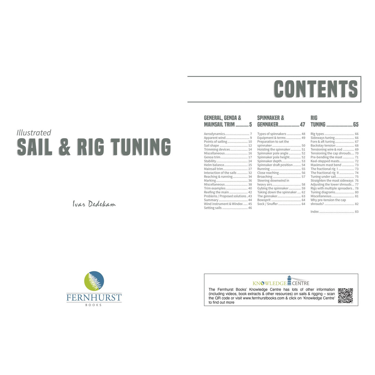 The image shows the title page and table of contents for "Illustrated Sail & Rig Tuning" by Fernhurst Books, with sections on General, Spinnaker & Gennaker, and Rig Tuning. Logos are displayed at the bottom.