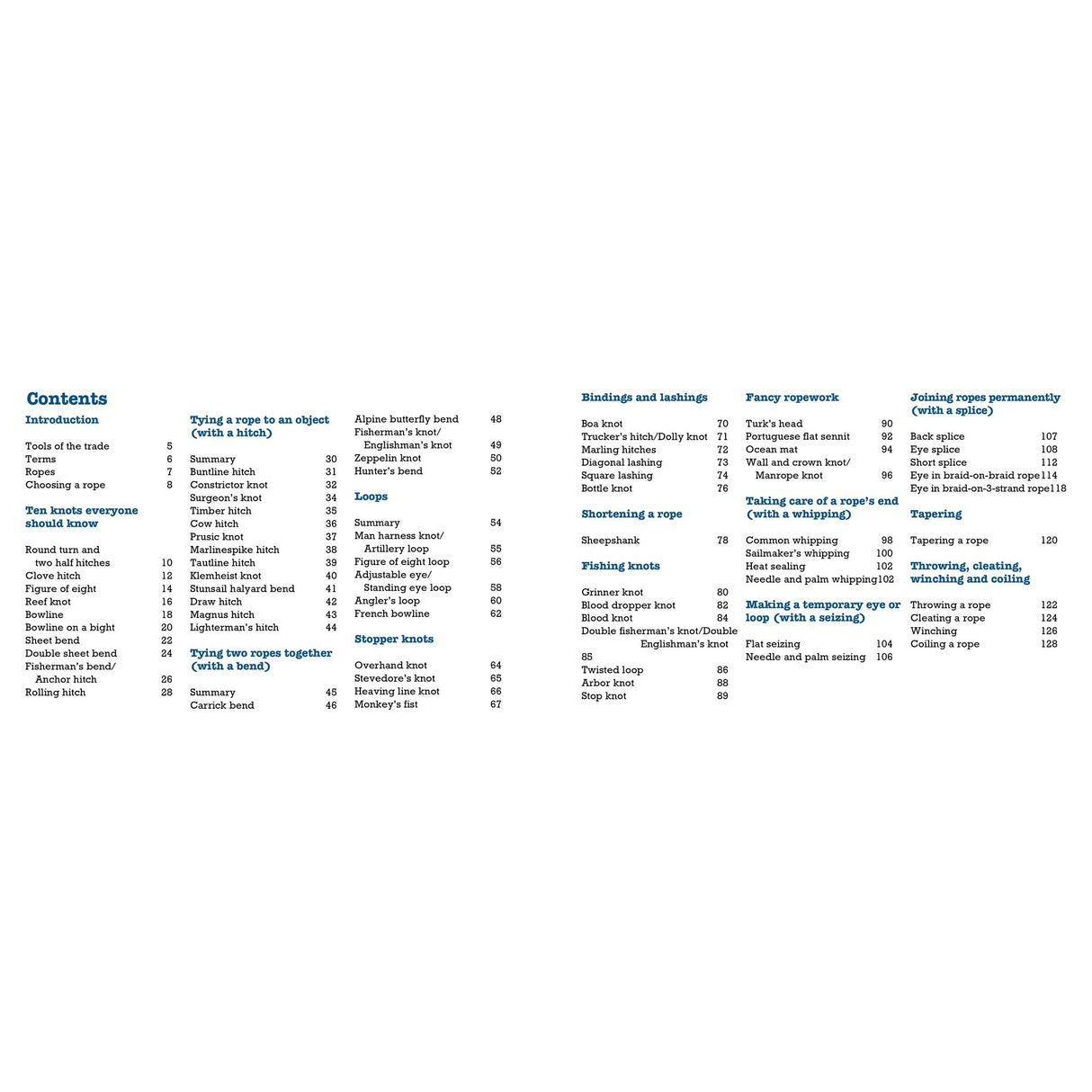 The Knot Know-How by Fernhurst Books offers a detailed table of contents with sections on knot tying, including sailing knots, loops, bindings, hitches, splicing methods, and more—complete with specific knot names and page numbers.