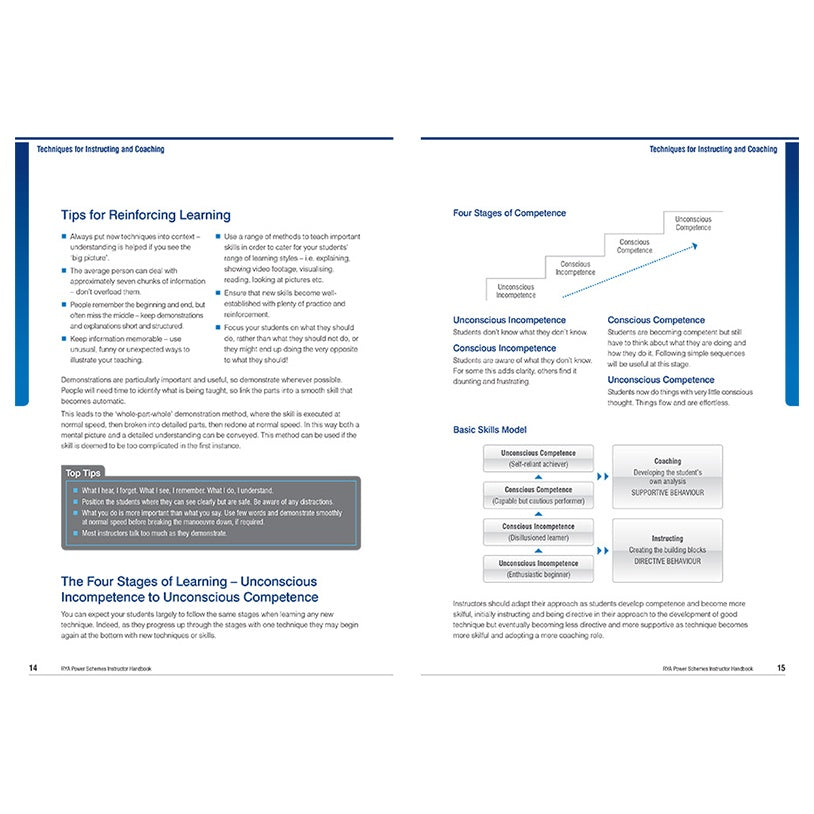 Two pages from the Royal Yachting Association’s RYA Power Schemes Instructor Handbook feature learning tips, a "Top Tips" box, and diagrams on the Four Stages of Competence—essential for every RYA Power Instructor delivering powerboat training.