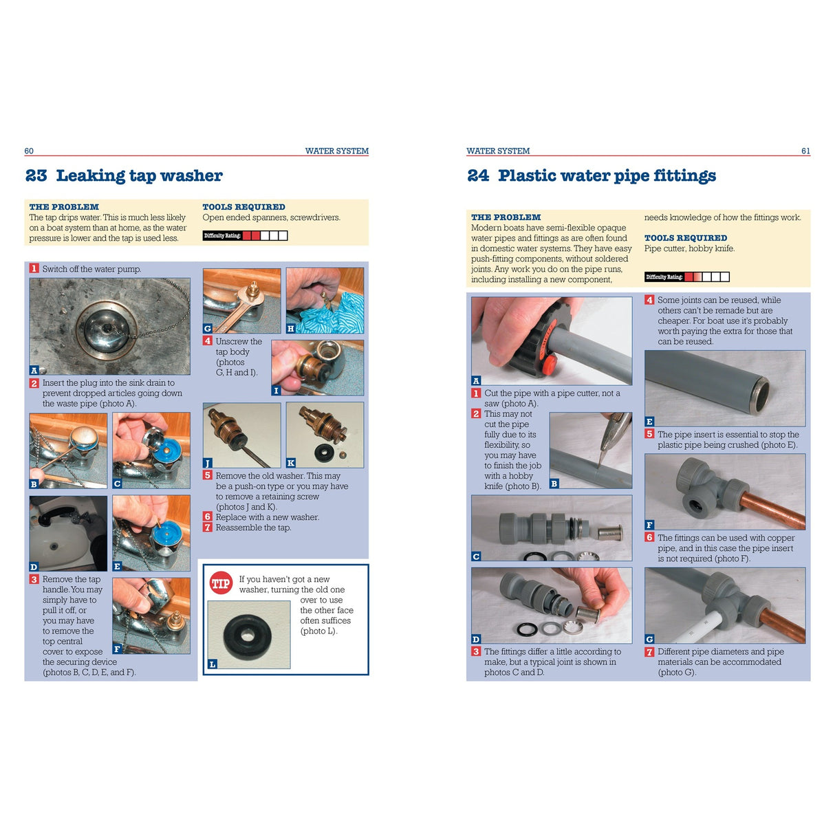 A double-page spread from "Simple Boat Maintenance" by Fernhurst Books features step-by-step photo guides for fixing leaking tap washers and plastic pipe fittings, with tools, tips, close-ups of plumbing parts, and hands at work.