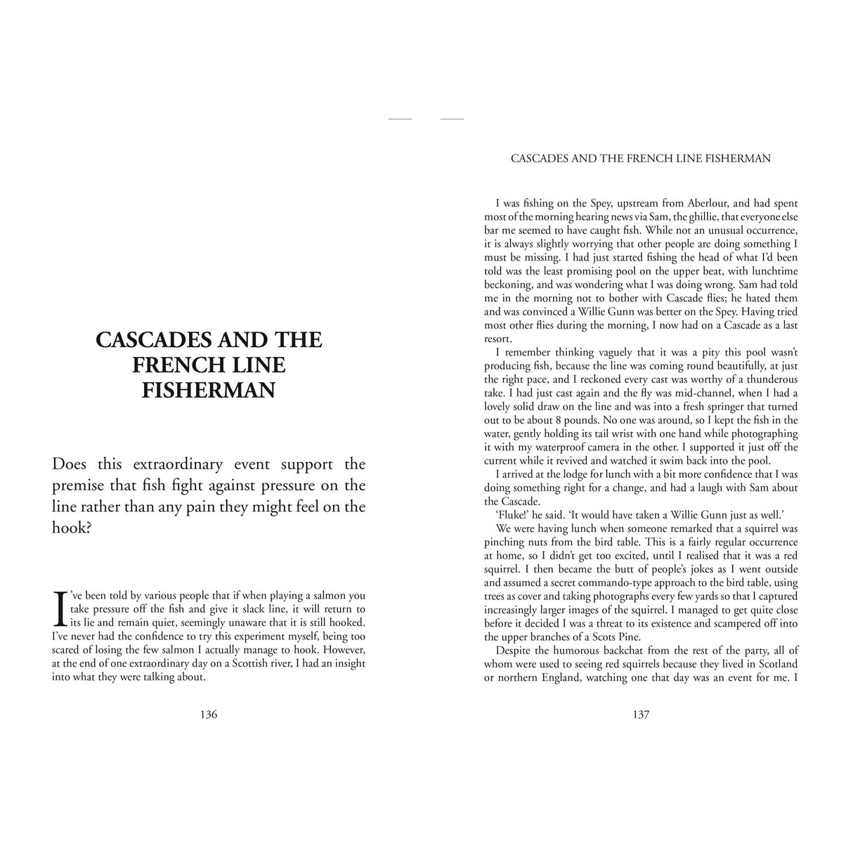 Open book displaying "Cascades and the French Line Fisherman" with a subtitle on the left page; right page starts one of Fernhurst Books' Amazing Fishing Stories in two columns of black text on white paper.