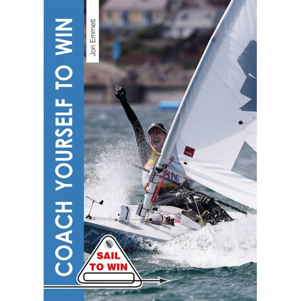 A sailor steers a small sailboat through choppy water, arm raised in triumph. The cover reads "Coach Yourself to Win" by Fernhurst Books, featuring a "Sail to Win" badge at the bottom.