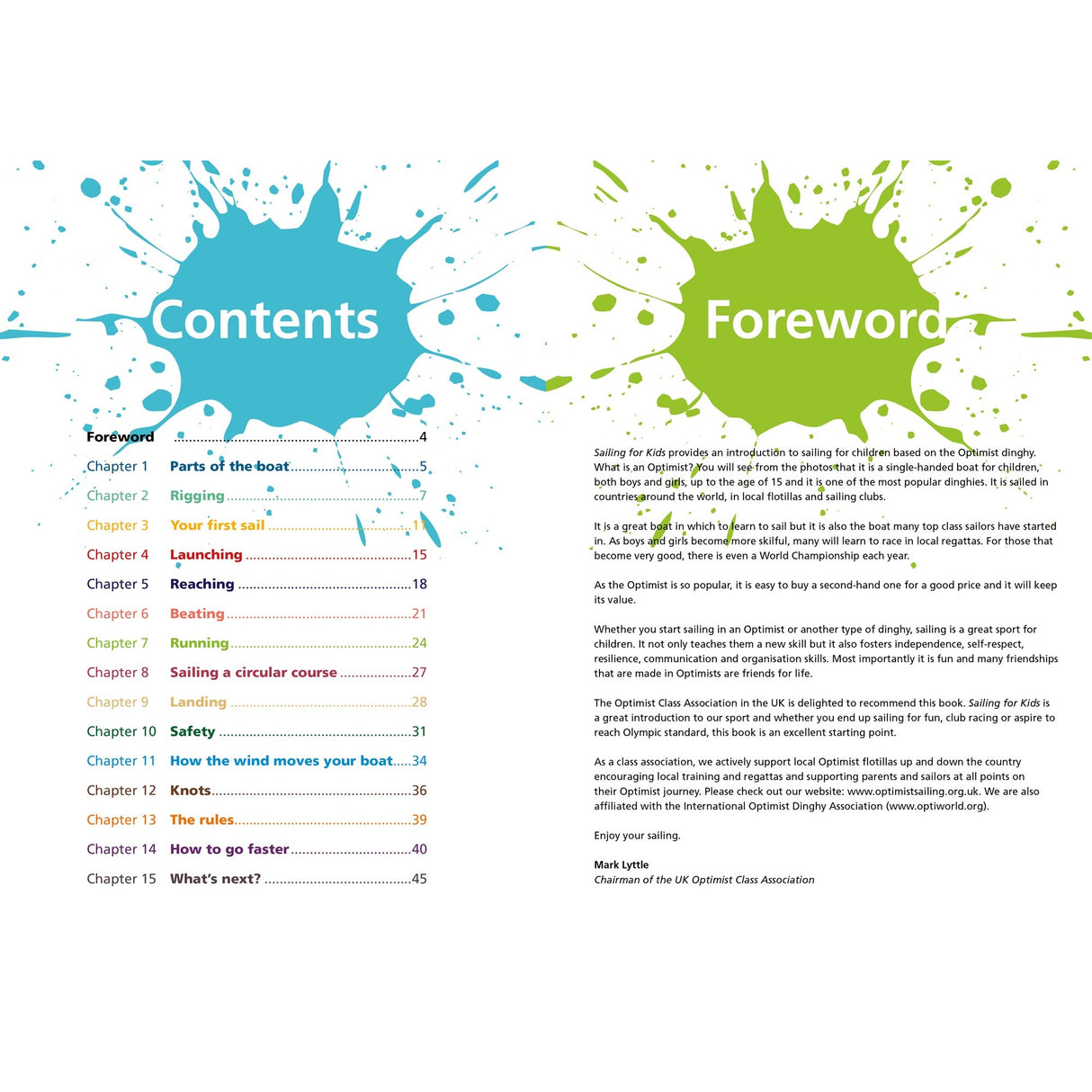 A vibrant book spread in "Sailing For Kids" by Fernhurst Books shows a blue “Contents” splatter on the left and a green “Foreword” splatter on the right, listing chapters and introductory text on a white background—ideal for young sailors.