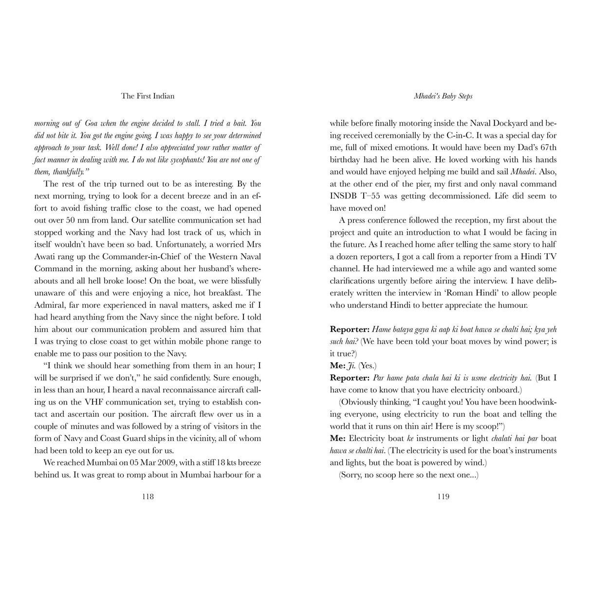 A two-page spread from "First Indian" by Fernhurst Books: the left page narrates a morning event; the right features an interview, "Ahmed's Baby Ship," referencing Commander Dilip Donde’s solo circumnavigation on INSV Mhadei.