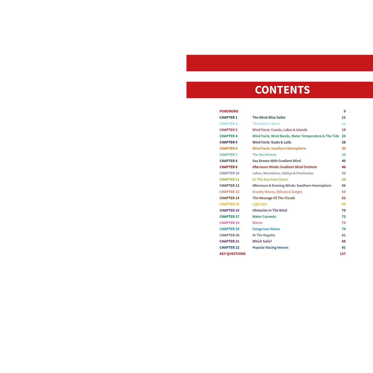 A table of contents page with red headers and multicolored chapter titles lists chapters and page numbers, from the foreword to key questions, guiding racing sailors in wind strategy—featuring "Wind Strategy" from Fernhurst Books.