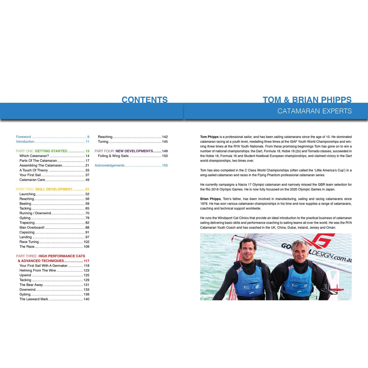 A spread from Fernhurst Books' Catamaran Book shows the table of contents on the left and an introduction to expert sailors Tom & Brian Phipps, with their photo in sailing gear before a catamaran, on the right.