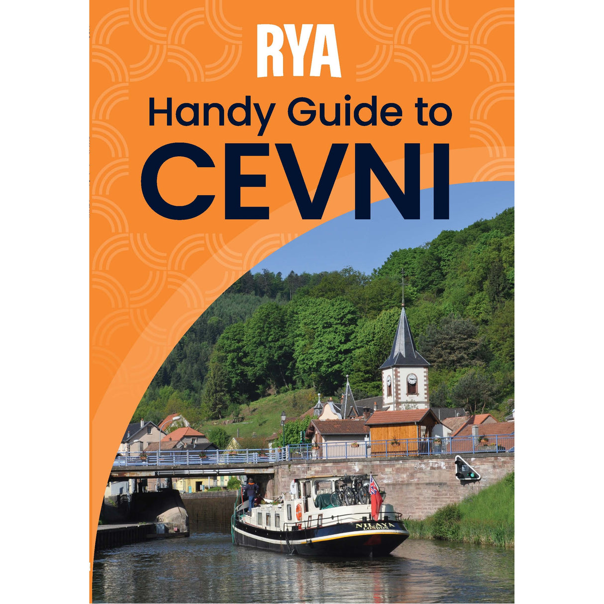 Cover of the Royal Yachting Association's RYA Handy Guide to CEVNI, a boating guide for inland waterways, showing a boat on a canal by a village with church and clock tower, set against green hills and blue sky.
