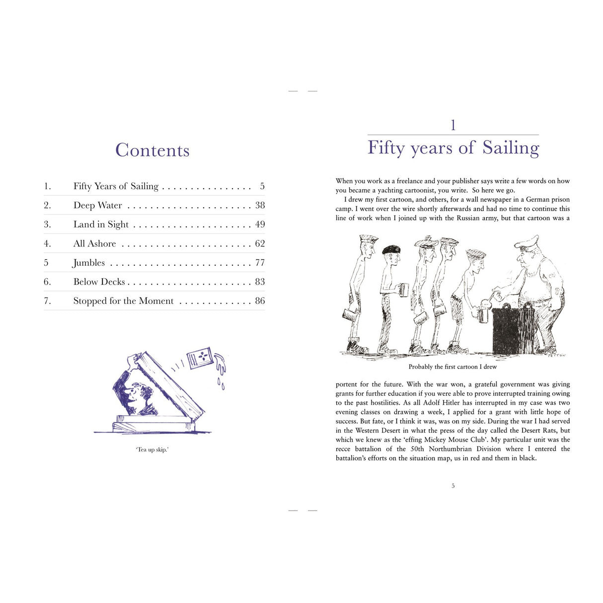 A spread from Fernhurst Books’ "Quality Time?" features the table of contents on the left and chapter 1, "Fifty years of Sailing," with a sketch of men examining a map and a classic sailing cartoon by Mike Peyton on the right.
