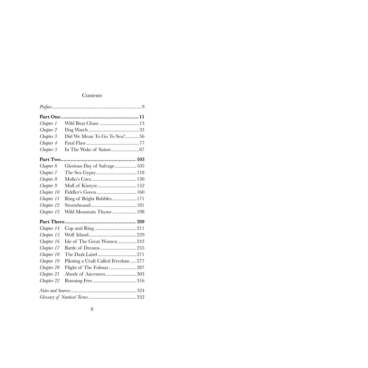 A table of contents page from "Wild Call" by Fernhurst Books, listing chapters and their page numbers, grouped in three parts with titles like "Wild Beast Chase," "Shadow Days," and "Sailing Scotland's Western Isles.