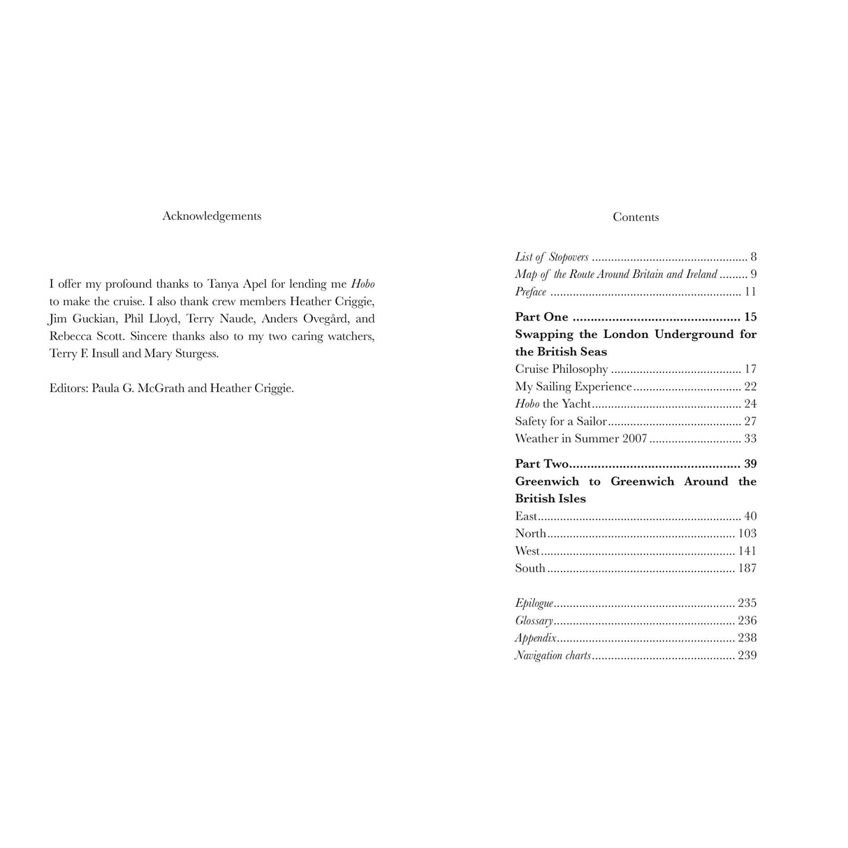 The acknowledgements page of Sailing Around Britain by Fernhurst Books thanks supporters of the weekend sailor, while the table of contents lists chapters on ships, sailing Britain, and cruising sailor destinations with page numbers.