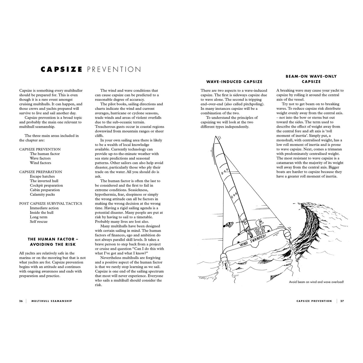 The Multihull Seamanship spread from Fernhurst Books features columns of text and a diagram showing a multihull sailboat heeling with arrows for wind and wave forces—ideal for anyone interested in trimaran sailing or multihull seamanship.