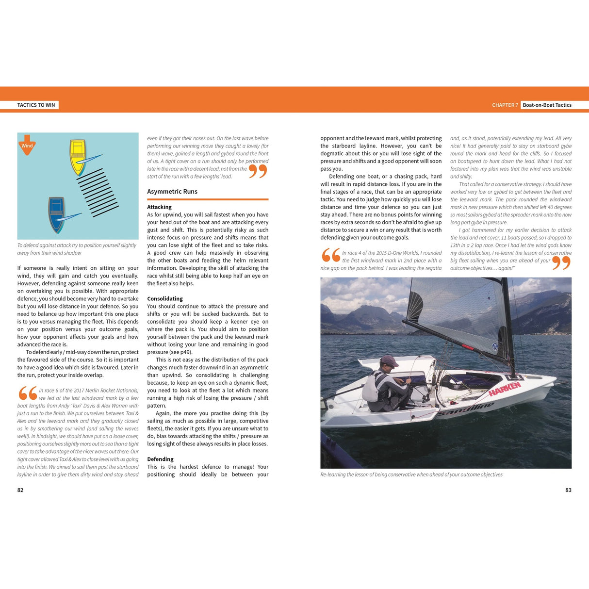 The two-page spread from Fernhurst Books' "Tactics To Win" blends diagrams, text boxes, and a striking photo of a sailor racing on a mountain lake, offering clear sailboat racing tactics in an eye-catching layout.
