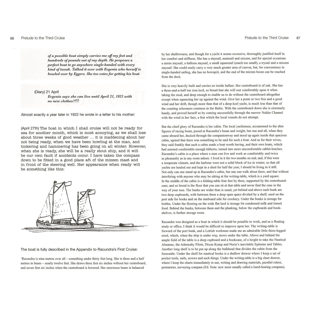 A scanned page from Racundra's Third Cruise (Fernhurst Books) shows a diary excerpt, boat-building text, and a simple black-and-white drawing of a two-sailed sailboat on the lower left, evoking Arthur Ransome’s Swallows & Amazons.