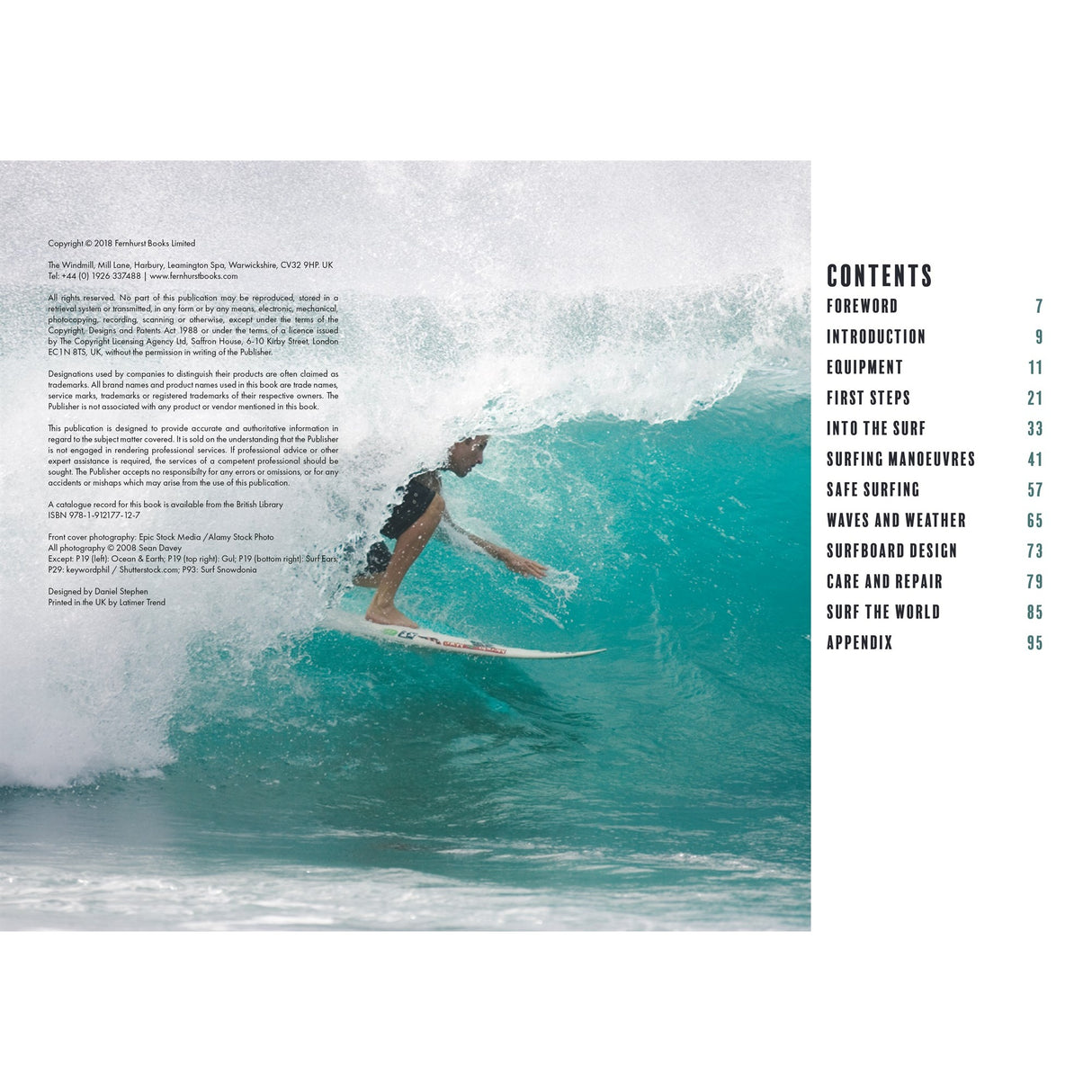 A surfer rides a turquoise barrel, crouched low on their board. On the right, "Surfing: A Beginner's Guide" by Fernhurst Books shows its table of contents in dark green text on white—ideal for aspiring surfers eager to learn.