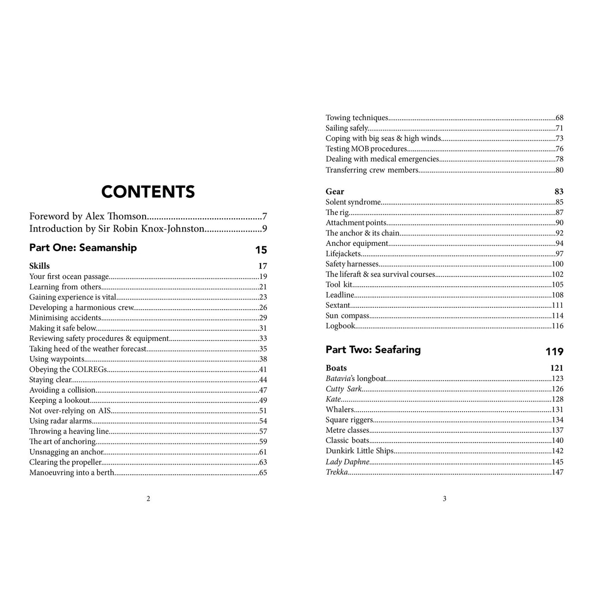 An open copy of *Knox-Johnston on Seamanship & Seafaring* by Fernhurst Books shows a table of contents featuring topics like navigation, safety, emergencies, and weather management at sea, each with listed page numbers.