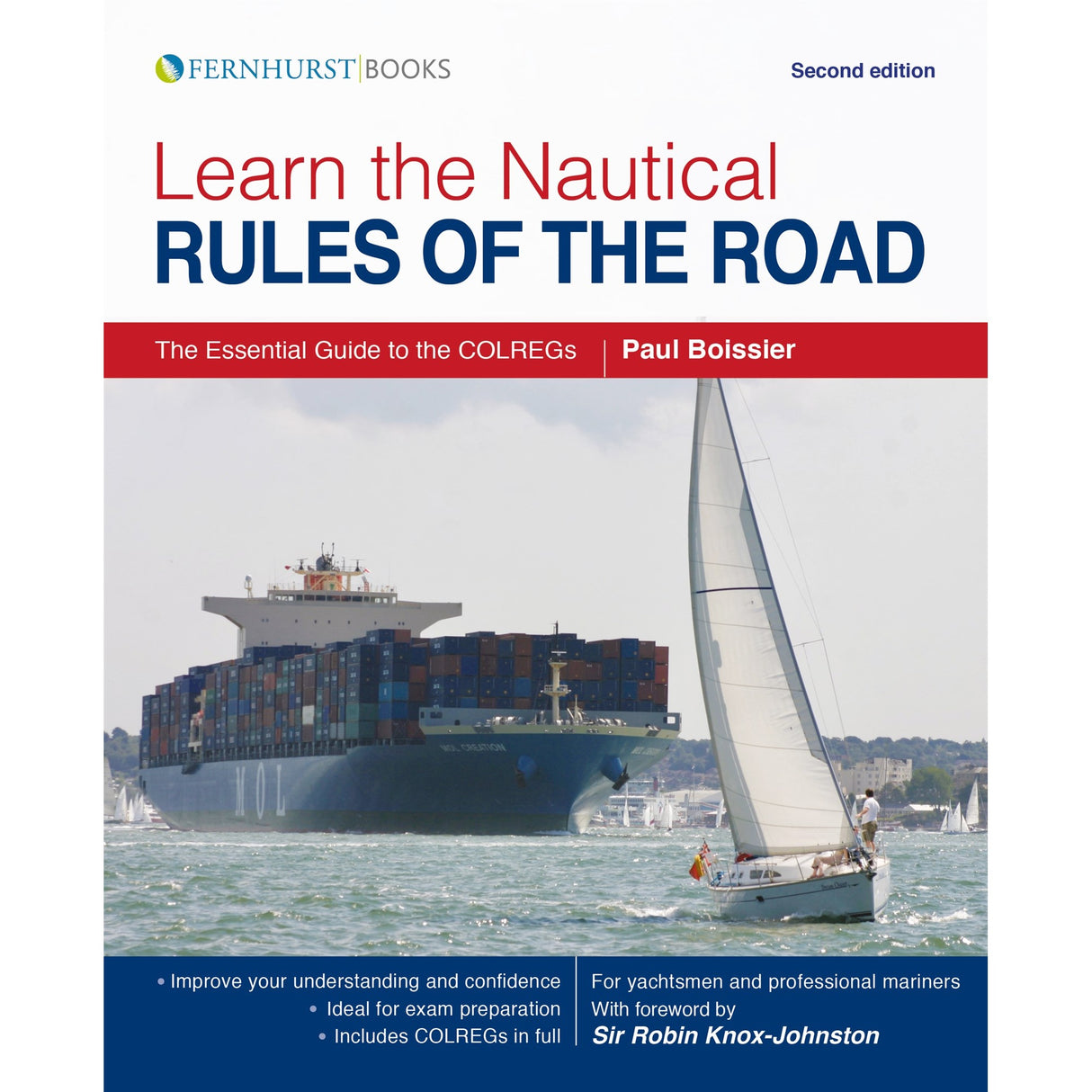 The cover of "Learn the Nautical Rules of the Road" by Fernhurst Books shows a container ship and a sailboat, highlighting COLREGs and collision rules, with the title displayed prominently.