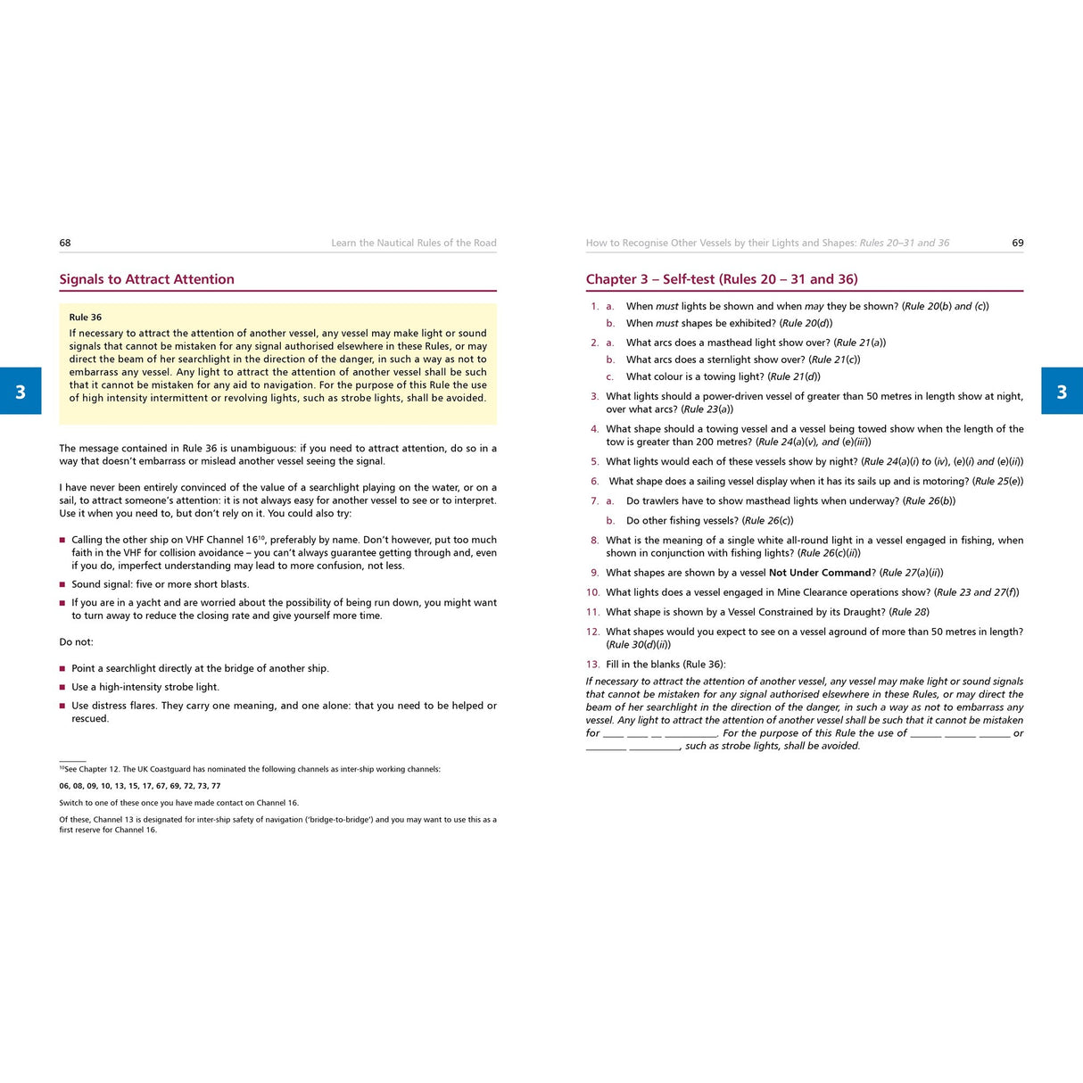 Two pages from Fernhurst Books’ "Learn the Nautical Rules of the Road" show COLREGs signals for attracting attention on one side, and self-test questions on collision regulations and collision prevention on the other.
