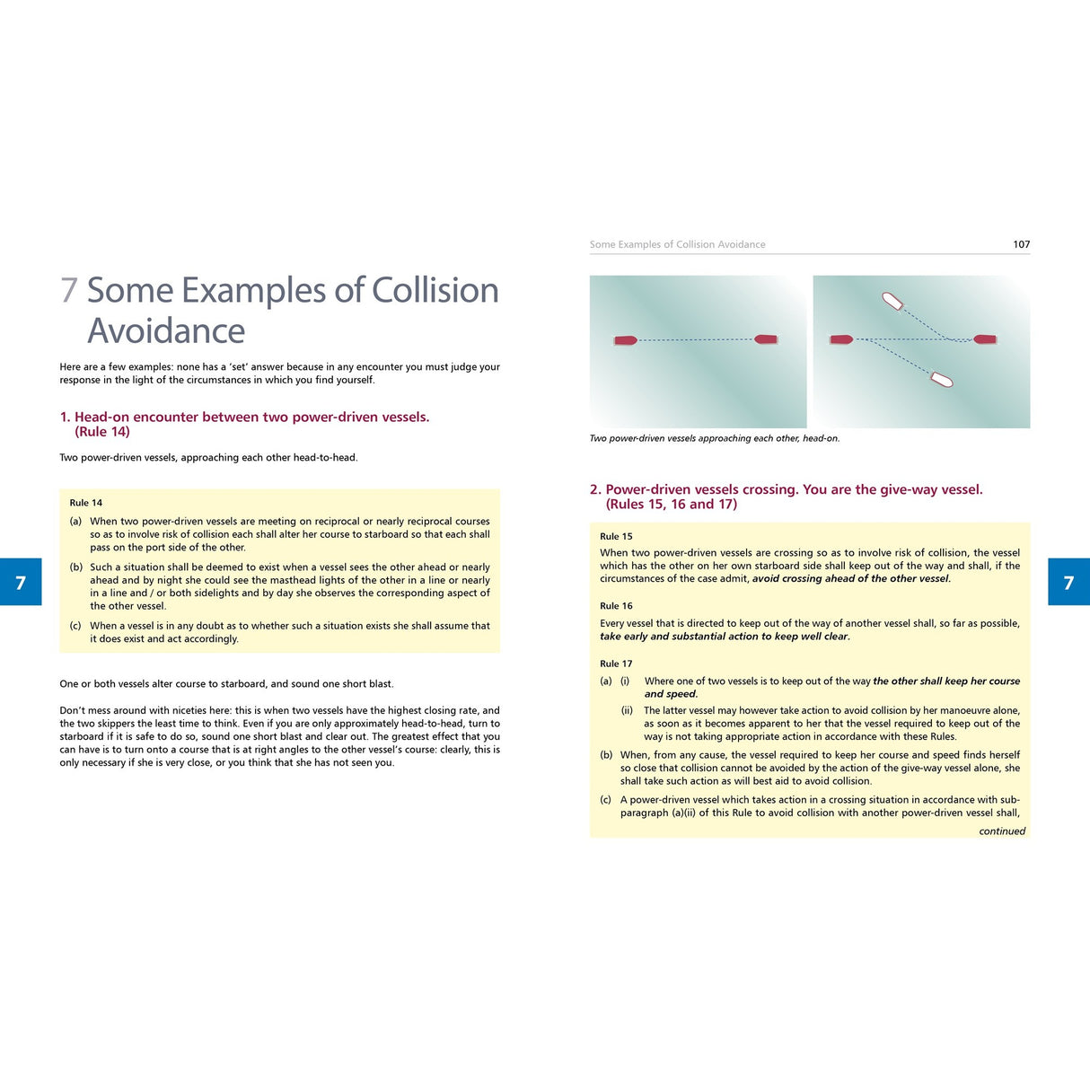 A page from "Learn the Nautical Rules of the Road" by Fernhurst Books features diagrams and rules for head-on and crossing power-driven vessel encounters under COLREGs, helping to illustrate collision avoidance at sea.