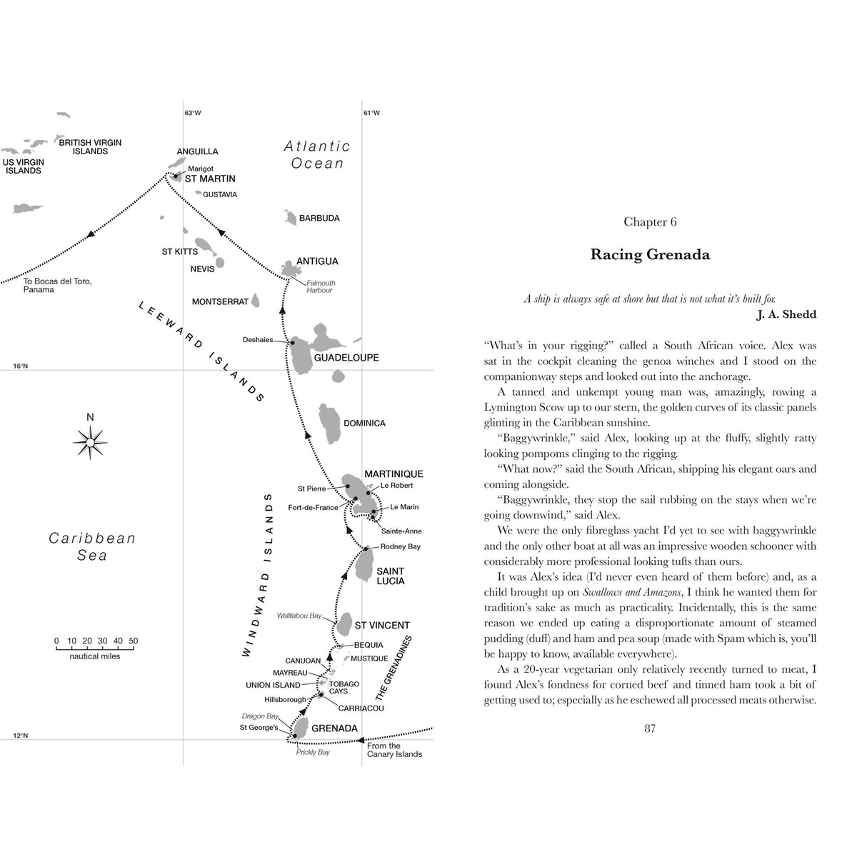 A map on the left displays the Caribbean from Puerto Rico to Grenada. On the right, a page from "In Bed with the Atlantic" by Fernhurst Books features a sailing adventure and dialogue from this inspiring travel memoir.