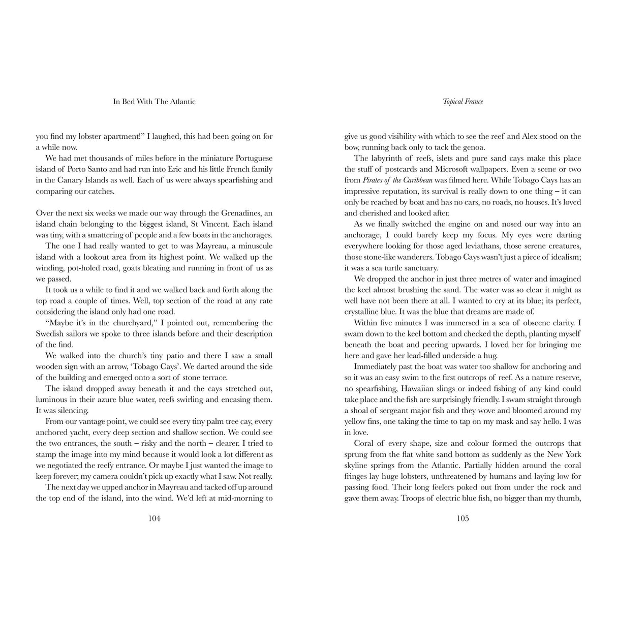 Two pages from "In Bed with the Atlantic" by Fernhurst Books show text in two columns with page numbers 104 and 105. The left header is "In Bed With The Atlantic," the right is "Typical Power," and there are no images or illustrations.