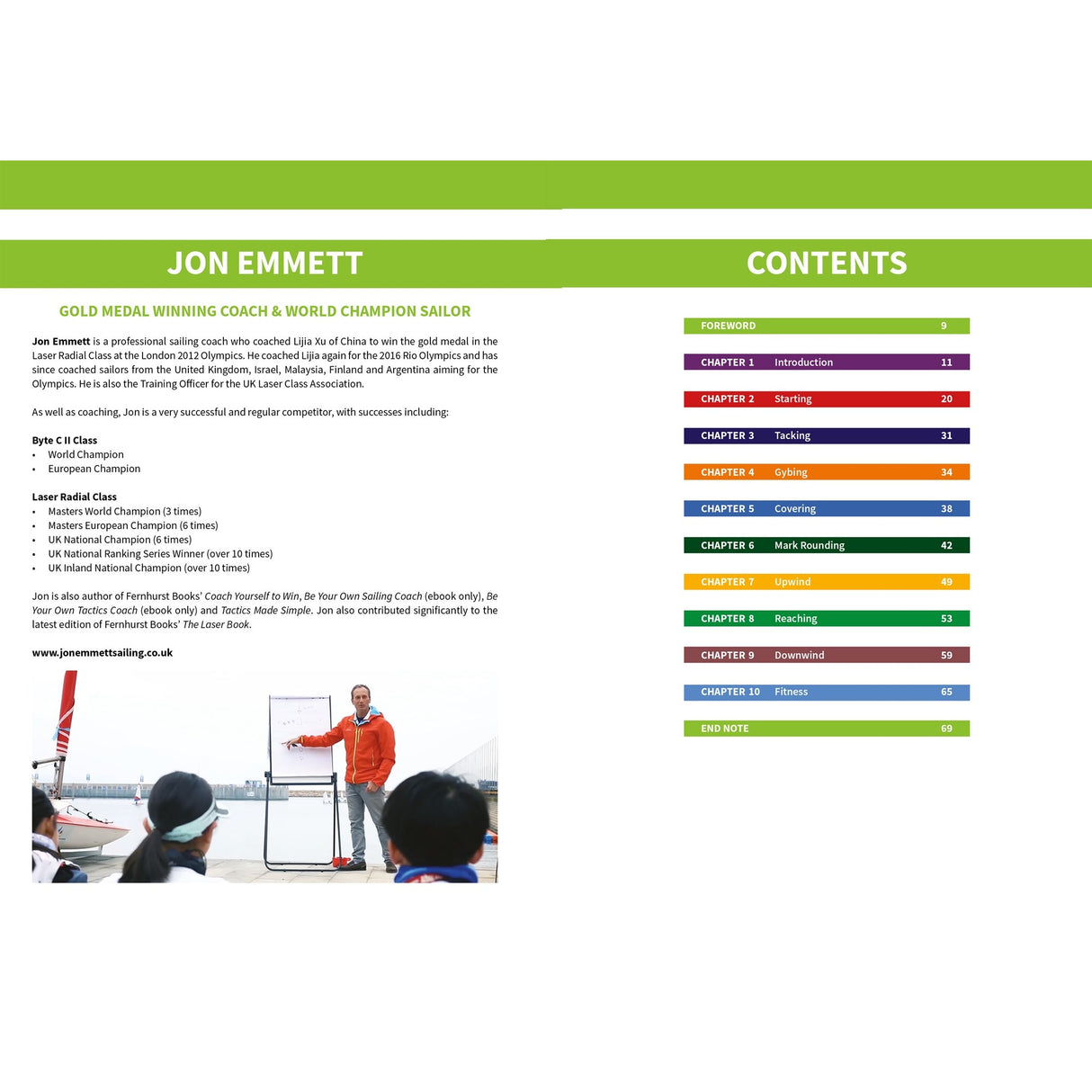 A two-page spread from "Training To Win" by Fernhurst Books shows Jon Emmett’s coaching highlights and outdoor photo on the left, with a vibrant contents section listing chapters and pages on the right.