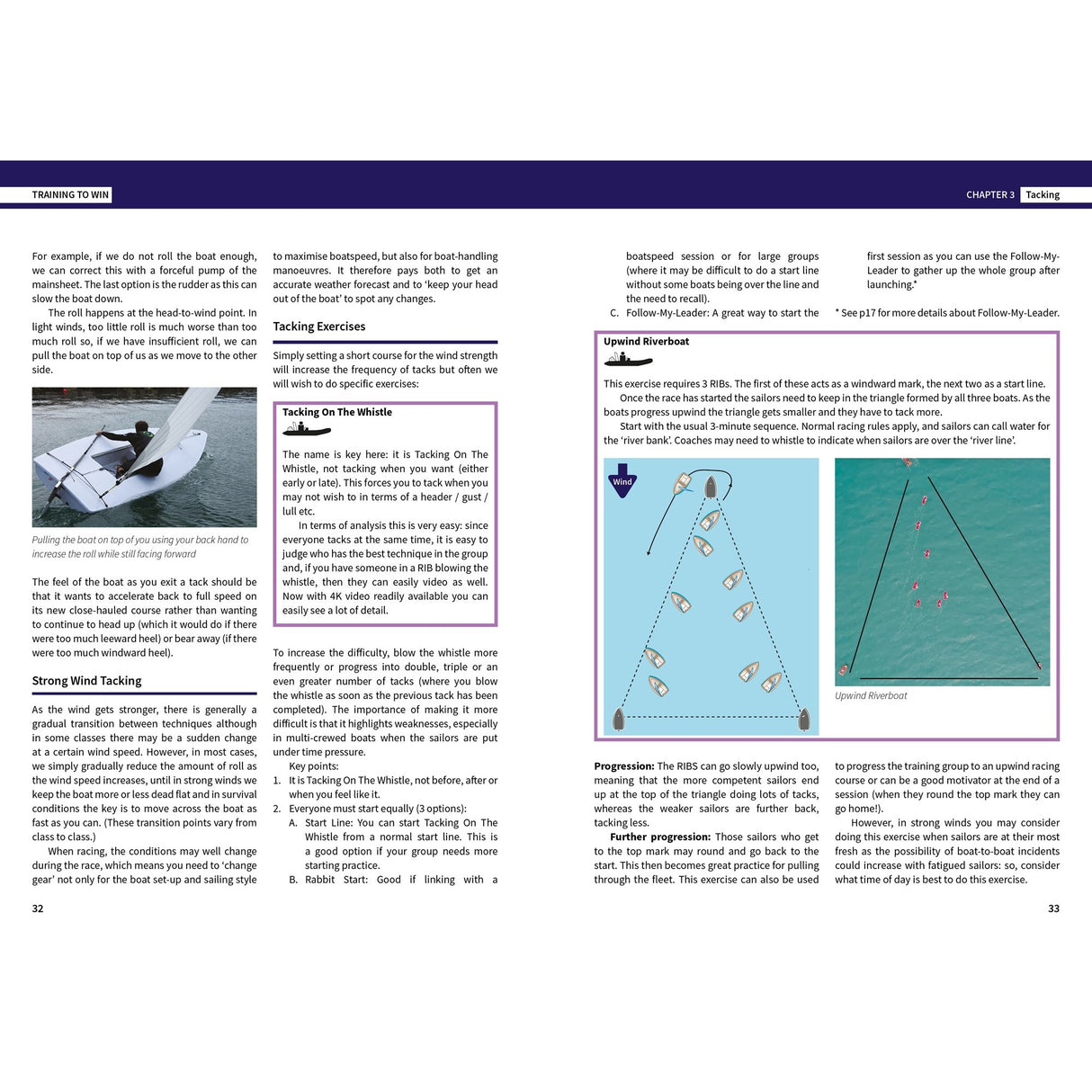 A two-page spread from Fernhurst Books' "Training To Win" shows sailing instructions with text, a tacking photo, and two diagrams illustrating boat movement and angles to help you improve your sailing skills.