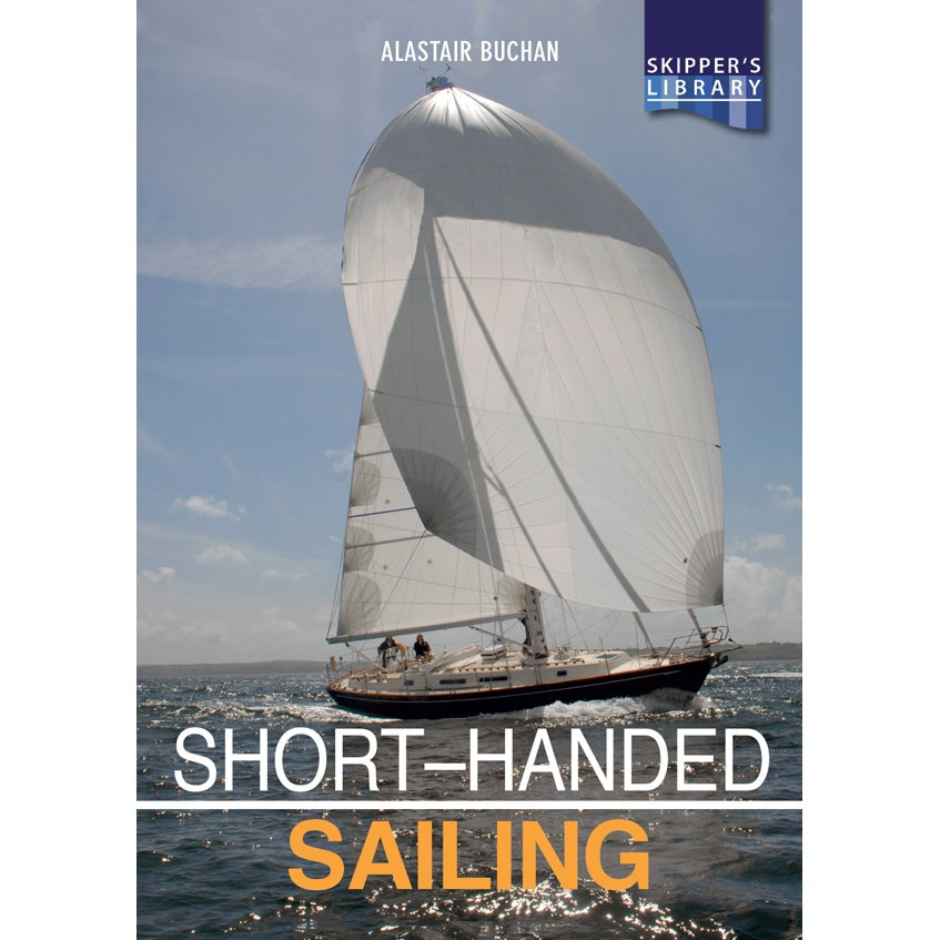 Two people sail an ocean boat under a large sail, reflecting the essence of short-handed sailing beneath a partly cloudy sky. The cover shows "Short-Handed Sailing" by Fernhurst Books.