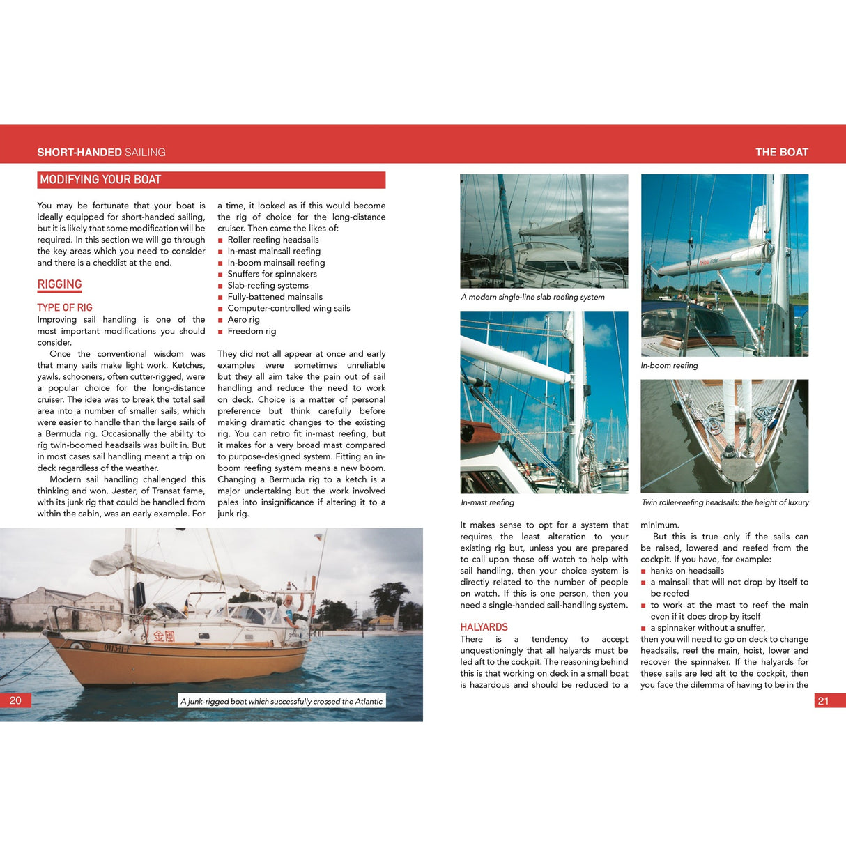 A spread from Fernhurst Books' "Short-Handed Sailing" covers boat modifications, rigging, and hazards, with five sailboat images showing different rigging systems and a junk-rigged boat at sea.