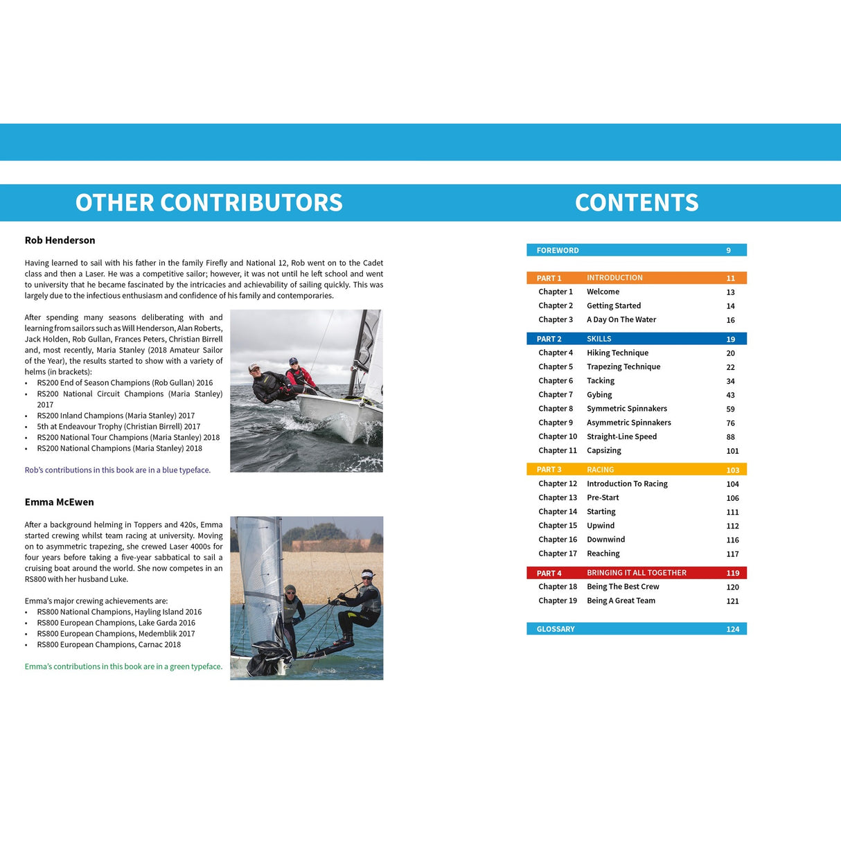 A book spread from Fernhurst Books’ "Crewing To Win" features contributor bios and sailing photos on the left, with a chapter list on team roles, equipment, and crewing skills on the right. Blue headers distinguish each section.