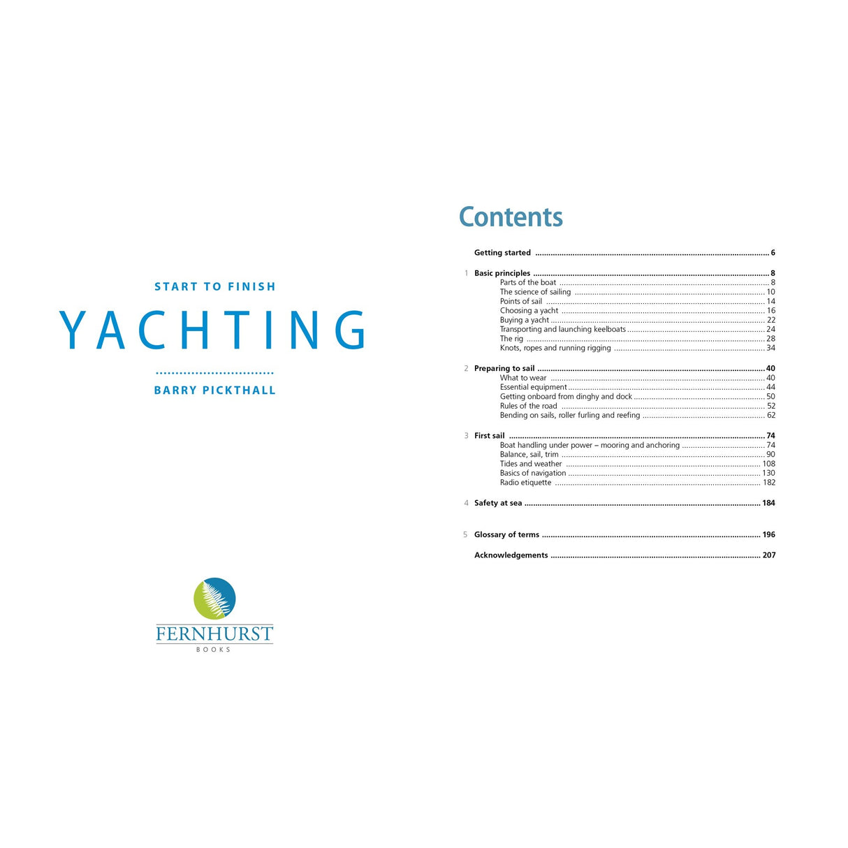 The image shows the cover and table of contents for "Yachting: Start To Finish" from Fernhurst Books, featuring sections like Basic Principles, Sailing Skills, First Sail, Glossary, and Acknowledgements.