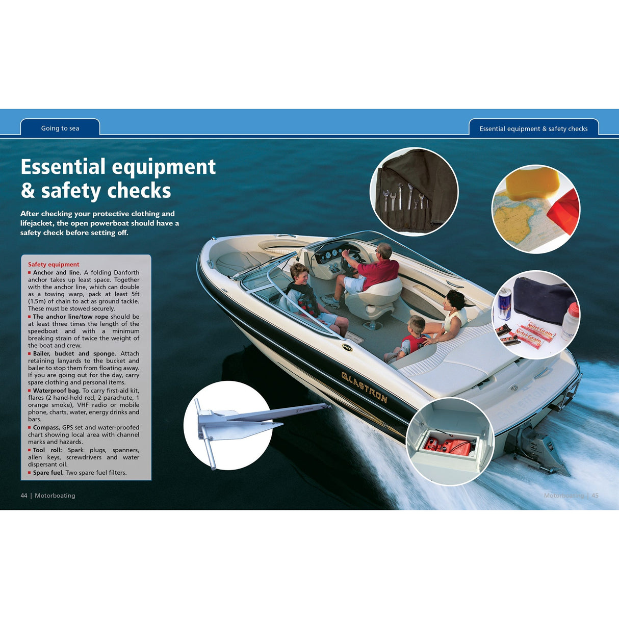 A family enjoys boating, guided by "Motorboating: Start To Finish" from Fernhurst Books. Insets highlight essentials like a two-way radio, first aid kit, flares, fire extinguisher, anchor, life jackets, map, and safety tips.