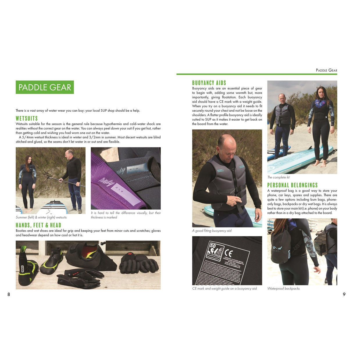 A two-page spread from Fernhurst Books' "Stand Up Paddleboarding: A Beginner’s Guide" shows wetsuits, buoyancy aids, waterproof bags, gloves, hats, and people preparing inflatable boards and gear on the beach.