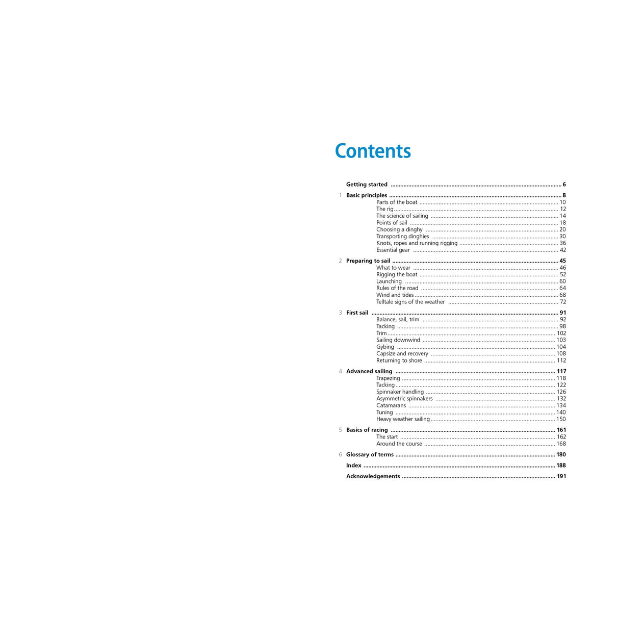 Table of contents for "Dinghy Sailing: Start to Finish" by Fernhurst Books, featuring chapters like Learn to Sail, Preparing to Sail, First Sail, Sailing Techniques, Dinghy and Racing Basics, Glossary of Nautical Terms, Index, and Acknowledgements.