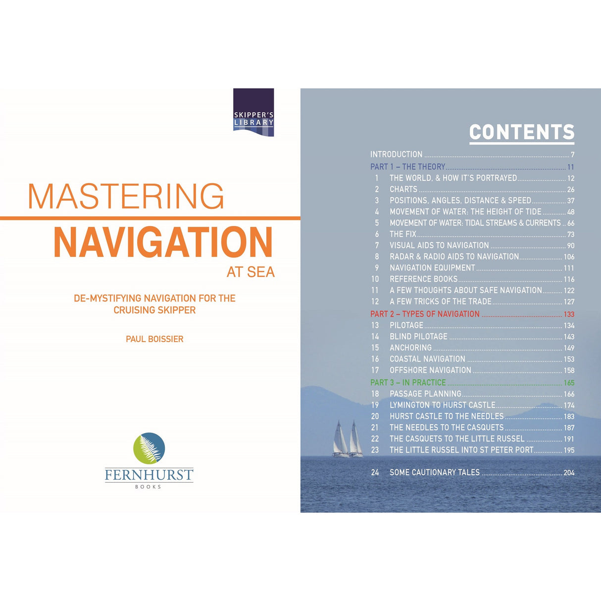 The image displays the cover and contents of "Mastering Navigation at Sea" by Fernhurst Books, featuring a sailboat and chapters on yacht navigation and key mariner skills.